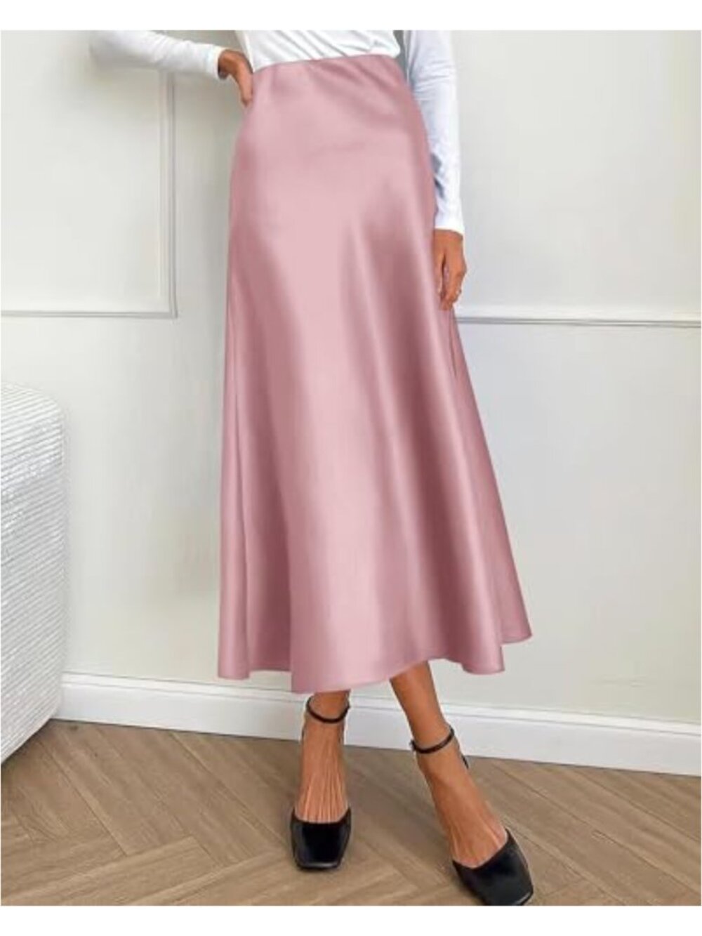 High Waist Midi Satin Skirt Flowy A-Line Silk Skirts for Women - Picture 3 of 6